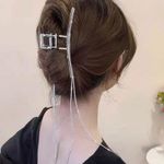 Shiny Rhinestones Long Chain Hairclip Metal Hairpin for Women Crystal Hair Claw Silver Photo 2