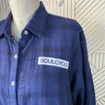 SoulCycle ‎ Blue Plaid Flannel Button Down Logo Top Photo 3