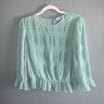 DO+BE Mint Green Ruffled Smocked Ruffle Chiffon Cropped Round Neck Blouse M Photo 2