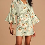 Lulus  Give Me Love Sage Green Floral Print Satin Wrap Mini Dress Photo 0