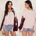 Free People Casual Clash Thermal Top Contrasting Billowed Sleeve Rose Petal XS Photo 3