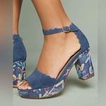 Anthropologie Platform Sandal Heel Womens 9 Ankle Strap Suede Floral Boho Blue Photo 0