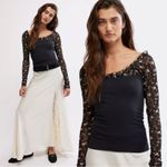 Free People  Dainty Coquette Scoop Neck Josie Long Lace Sleeve Top Black Medium Photo 1