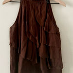 Cynthia Rowley  Linen Blend Ruffle Front High Neck Top in Brown Size M Photo 0