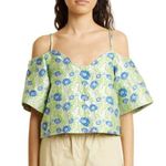 Ganni NEW Floral Jacquard Off The Shoulder Blouse in Green Photo 0