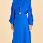 FARM RIO SHOULDERPADS SATIN LONG SLEEVE BLUE MAXI DRESS SIZE LARGE $260 NWT #194 Photo 1