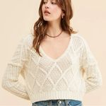 Free People  Size XL Traveler Cable Knit Pullover V Neck Sweater Creme Neutral Photo 7