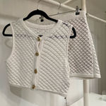 Meshki  White Knit Crop Top with Gold Buttons and skirt Photo 0