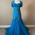 MODERN MAIDS | Teal Beaded Strapless Mermaid Gown Sz 8 Photo 1
