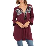 Bandolino Joelle Tunic Dress Womens Large Burgundy Embroidered Bohemian Peasant Photo 2