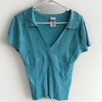 No Boundaries VTG 90s Y2K 2000s V Neck Teal Blue Ribbed Short Sleeve Sweater Size‎ XL Cotton Photo 0