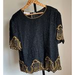 Laurence Kazar Vintage Laurence Kazan Sequin Beaded Blouse Black Gold Embellished XL Photo 7
