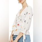 Topshop Field Embroidered Floral Blouse Top Linen White Tie Sleeves Size 12 L Photo 1