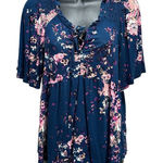 Lone + Lux Navy/Pink Floral Scoop/Tie Neck Smocked Short Flutter Sleeve Sz S Blue Photo 0