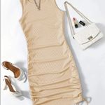 Beige Drawstring Ruched Sleeveless Ribbed Knit Bodycon Mini Dress Photo 5