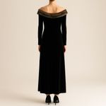 Onyx Nite  Black Velvet Maxi Dress Faux Fur Trim Off Shoulder Long Sleeve 14 USA Photo 3