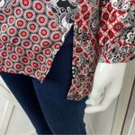 Ellen Tracy Multi Print Ruffle Front Blouse Small Red Black 3/4 Button Photo 4