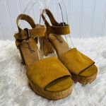 Free People Brook Suede Platform Heels Cork Sole Mustard Gold Camel Sz 40 Photo 1