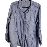 John Mark  Button Up Linen Top Women's 1X Blue White Stripe Roll‎ Tab Fringe Photo 0