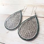 Large Silver Tone Ornate Dangle Earrings with Green Gems Photo 1