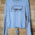 On Fire Size XL Cropped Blue Crewneck Long Sleeved Top with Black Writing Photo 0