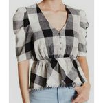 Moon River  Buffalo Plaid Top Shirt Black White Linen Peplum Button Puff Sleeve Photo 0