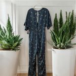 NWT Garota Blue Teal Crane Print Wide Leg Jumpsuit Medium Resortwear Open Back Photo 1