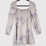 Babaton Aritzia Dress Gray Mini Floral Organic Linen Smocked Babydoll Boho Small Photo 2
