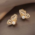 Gold Butterfly Stud Earrings for Women,White Pearl Earrings,Butterfly Earrings Photo 0