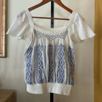 Free People Vintage Y2K Embroidered Blue White Top Boho Gauze Cotton Size 0 XS Photo 0