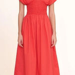 STAUD Jackson Hibiscus Red Smocked Midi Dress Cotton Poplin Holiday Fit & Flare Photo 0