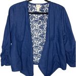  Medium Chicos Size 1 Open Front Ruched Sleeve Blue Lace Back Shirt Linen? Photo 0