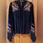 Free People Hearts Aflame Navy Blue Velvet Embrodiered Embellished Top Size XS Photo 2