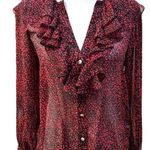 ZARA  Animal Print Ruffle Sheer Button Down Blouse Red Black Silver Size Small Photo 7