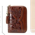 Genuine Leather Credit Card Holder for Women Designer Floral Card Case Wallet with Tassel(20095 Brown) Photo 4