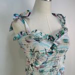 Rococo Sand Sunset Smocked Mini Dress Printed Bodycon White Blue Size M Photo 4