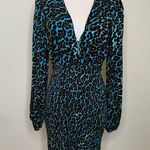 AFRM Turquoise Cheetah Leopard Print Dress Smocked Skirt Long Sleeves Sz Small Blue Photo 0