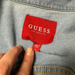 Guess Women’s Size Large Boyfriend Denim Jean Jacket With Logo Stripe Sleeves Photo 5