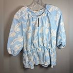 STINE GOYA Britney Peplum Blouse Blue/White Split‎ Neckline Keyhole Size XL Blue Photo 2