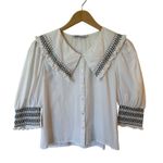 ZARA Puff Sleeve Sailor Collar Smocked Poplin Blouse Cotton White Women Size XS Photo 2