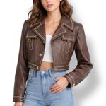 Vintage Danaya Cropped Brown Leather Jacket Cream Stitching Small Gold Buttons Photo 0
