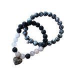 Pair of Black and White Stone and Heart Pendant Stretch Bracelets Photo 1