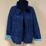 Tahari 🛍️ Navy Blue Mint 3/4 Sleeve Hoodless High Collar Ruffle Frill Jacket L Photo 2