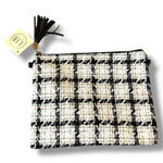 L.I.B. New York Plaid Zip Top Bag Women’s Black White Tweed Small Fringe Pull Photo 0