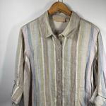 Kate Hill Top Women 2X Plus Size Tan Stripe 100% Linen Button Up Roll Tab Coast Photo 2