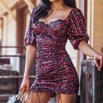 For Love & Lemons Melrose Satin Black and Pink Ruche Mini Puff sleeve dress Photo 0