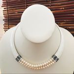 Pearl & Leather Choker & Bracelet Sterling Silver White Photo 2