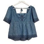 Old Navy  denim embroidered eyelet ruffle sleeve top m Photo 2