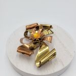 Vintage Two Tone Copper & Gold Ribbon Flower Brooch Pin Yellow Faux Pearl Stone Brown Photo 4