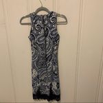 H&M Blue & White Paisley Print Lace Trim High Neck Bodycon Career Work Dress XS Photo 4